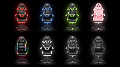 Reguliuojama minkšta kompiuterio ir žaidimų kėdė su LED RGB apšvietimu, kojų atrama ir nuotolinio valdymo pulteliu