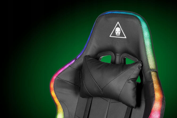 Reguliuojama minkšta kompiuterio ir žaidimų kėdė su LED RGB apšvietimu, kojų atrama ir nuotolinio valdymo pulteliu