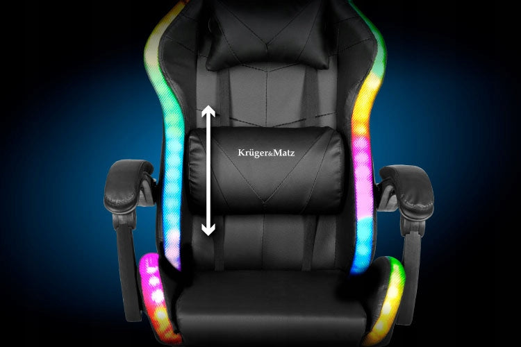 Reguliuojama minkšta kompiuterio ir žaidimų kėdė su LED RGB apšvietimu, kojų atrama ir nuotolinio valdymo pulteliu