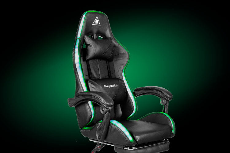 Reguliuojama minkšta kompiuterio ir žaidimų kėdė su LED RGB apšvietimu, kojų atrama ir nuotolinio valdymo pulteliu