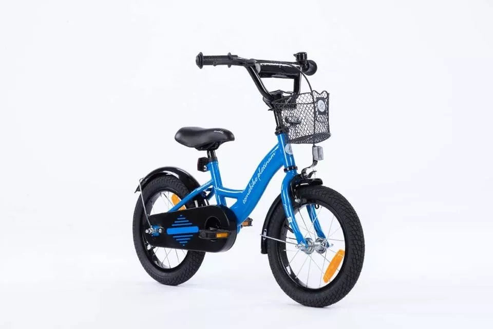 Dviratis TOMABIKE Platinum 14 colių, su vairavimo rankena, krepšeliu, skambučiu ir V-BREAK stabdžiais, mėlynas, 14"