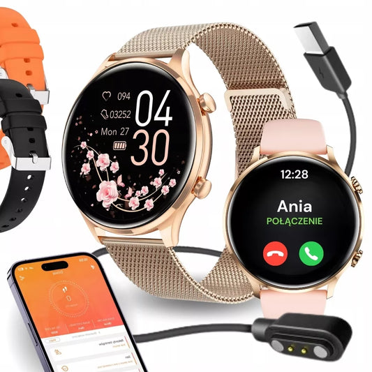 Moteriškas išmanusis laikrodis (Smartwatch) su skambučių funkcija, atsparus vandeniui + 4 dirželiai