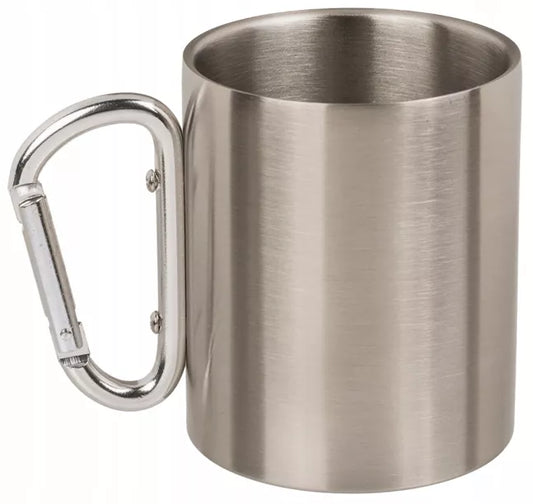 Plieninis turistinis puodelis su karabinu iš nerūdijančio plieno