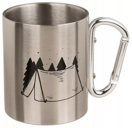 Plieninis turistinis puodelis su karabinu iš nerūdijančio plieno