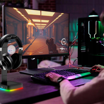 Žaidimų ausinių stovas / laikiklis su RGB apšvietimu, USB Hub + 2x USB