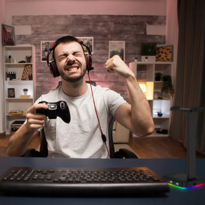 Žaidimų ausinių stovas / laikiklis su RGB apšvietimu, USB Hub + 2x USB