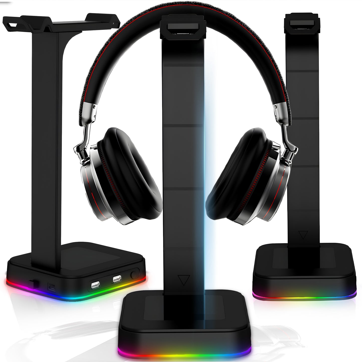 Žaidimų ausinių stovas / laikiklis su RGB apšvietimu, USB Hub + 2x USB