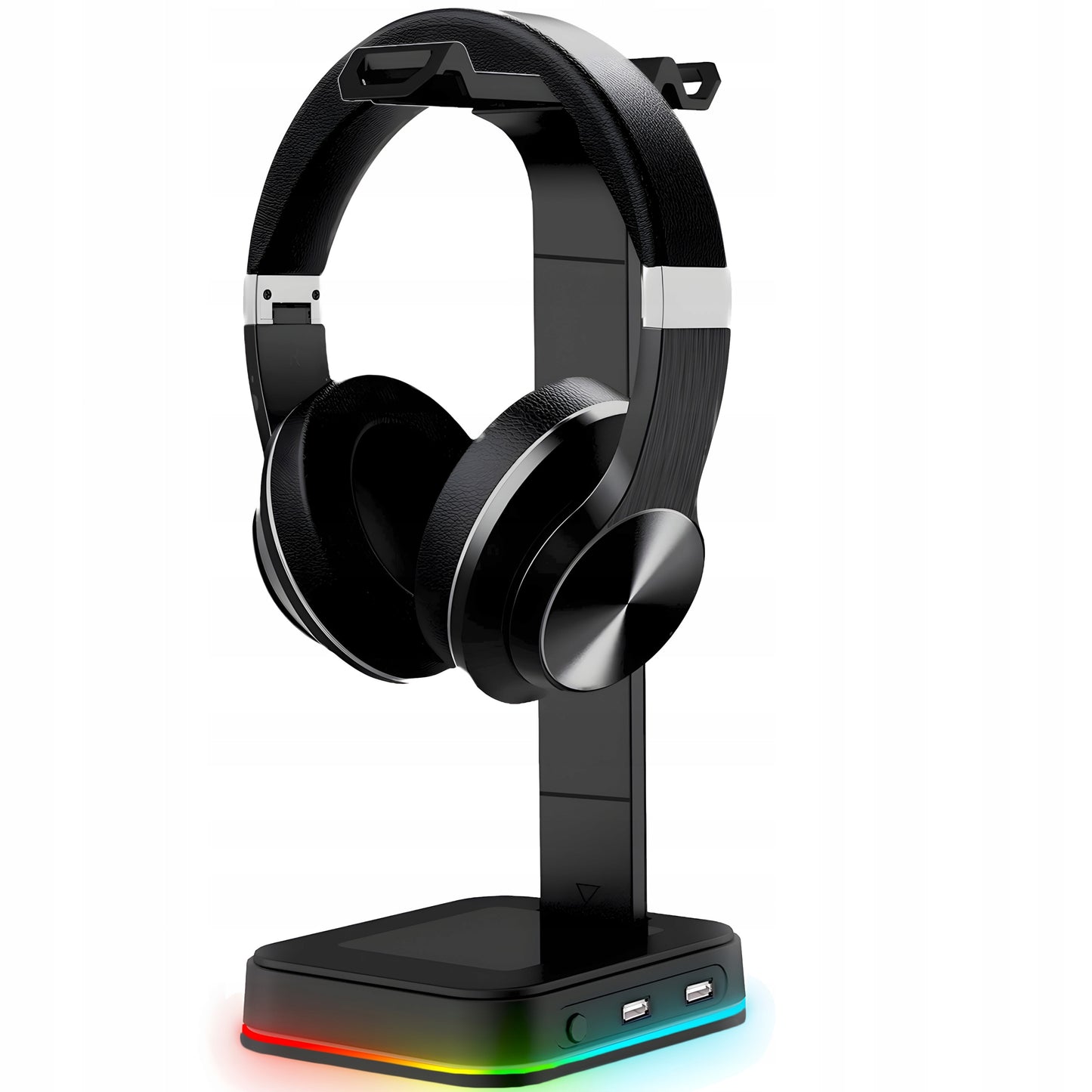 Žaidimų ausinių stovas / laikiklis su RGB apšvietimu, USB Hub + 2x USB