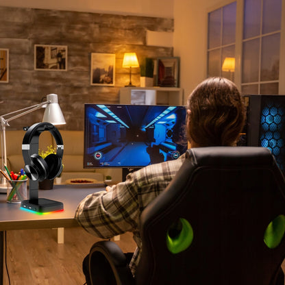 Žaidimų ausinių stovas / laikiklis su RGB apšvietimu, USB Hub + 2x USB