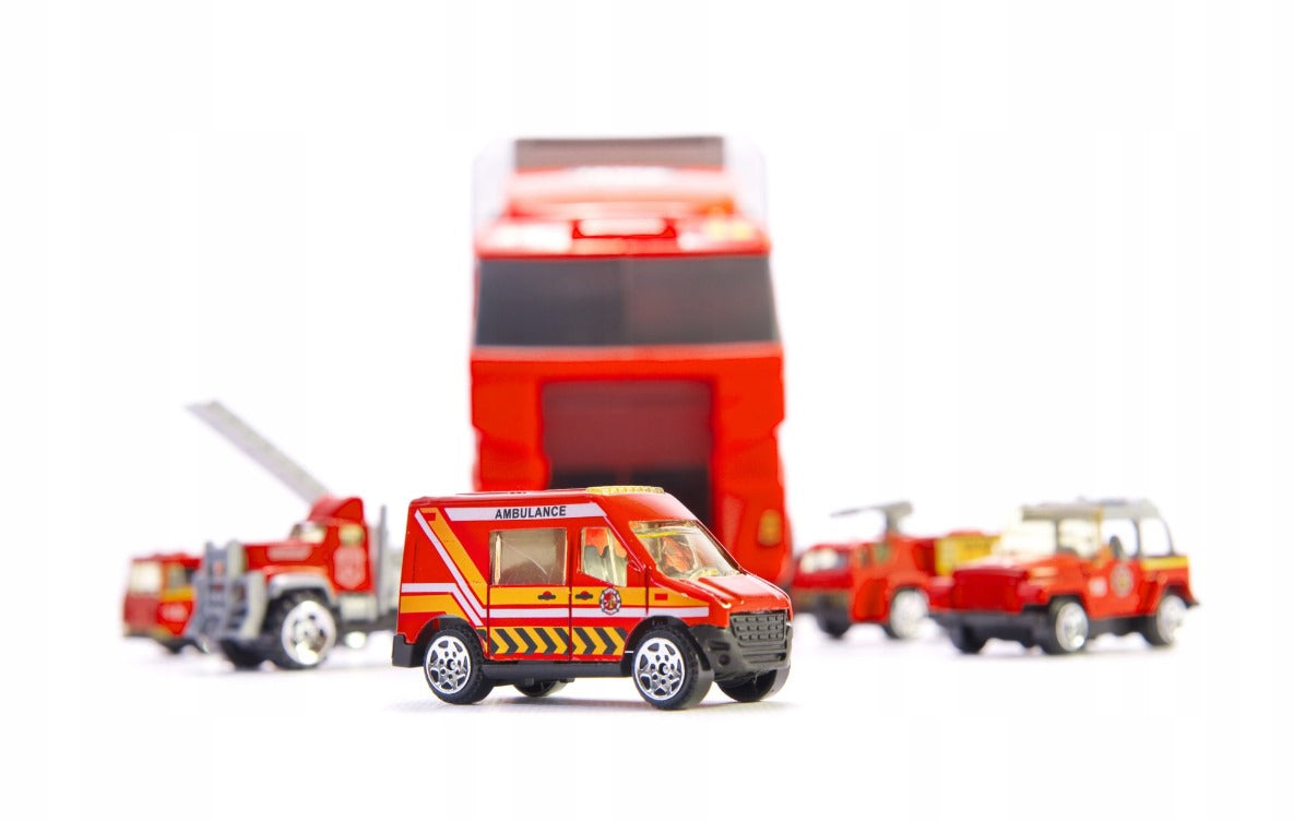Raudonas ugniagesių sunkvežimis transporteris automobiliai 6 vnt.