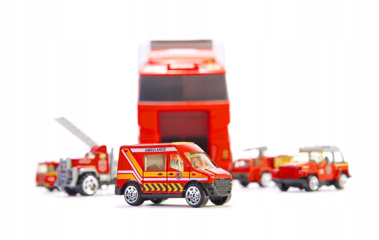 Raudonas ugniagesių sunkvežimis transporteris automobiliai 6 vnt.