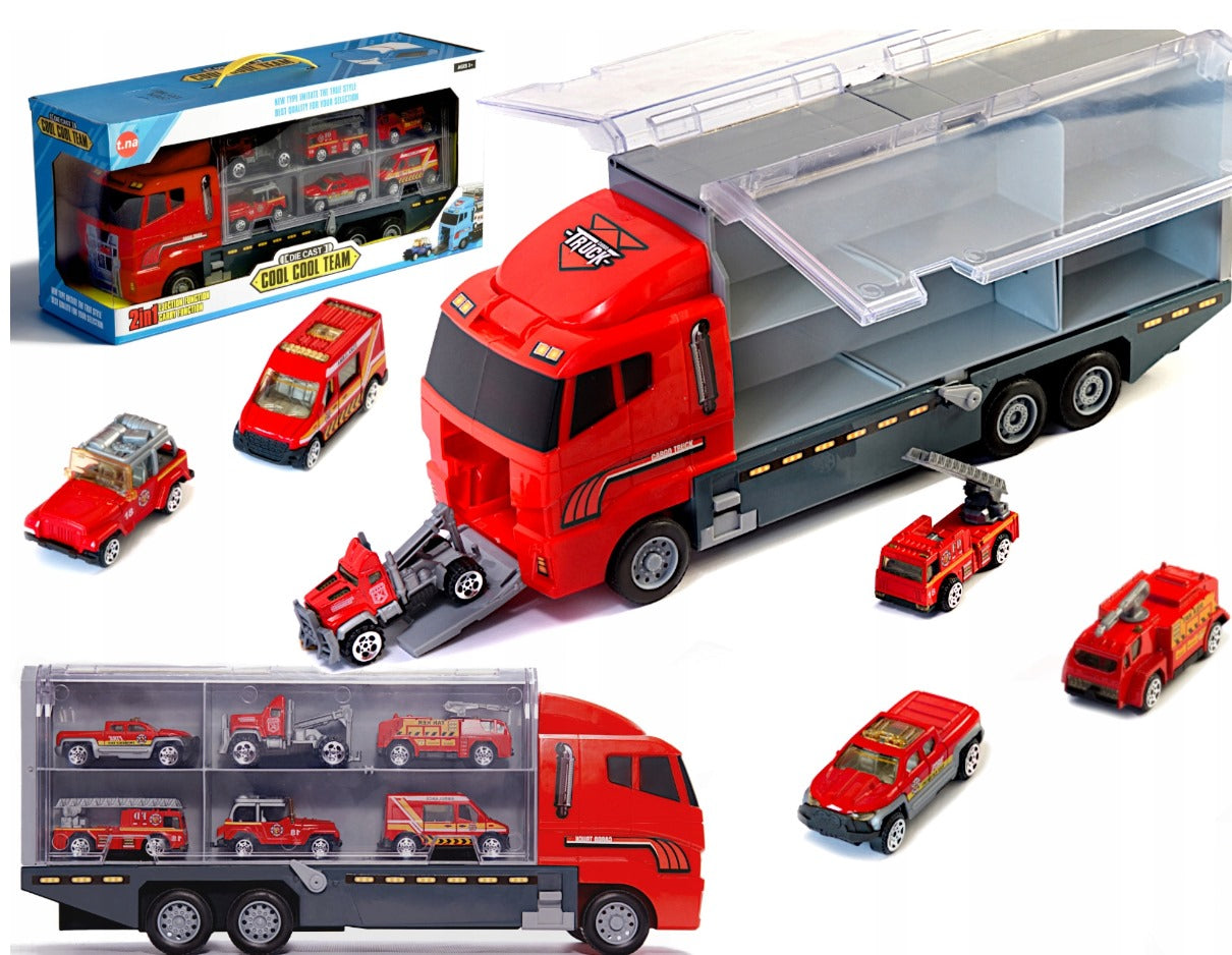 Raudonas ugniagesių sunkvežimis transporteris automobiliai 6 vnt.