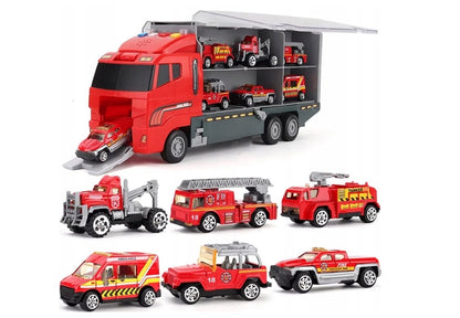 Raudonas ugniagesių sunkvežimis transporteris automobiliai 6 vnt.