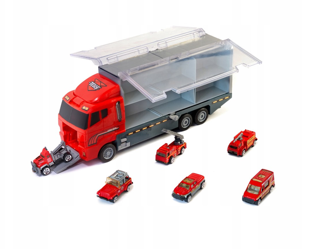 Raudonas ugniagesių sunkvežimis transporteris automobiliai 6 vnt.