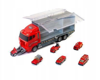 Raudonas ugniagesių sunkvežimis transporteris automobiliai 6 vnt.
