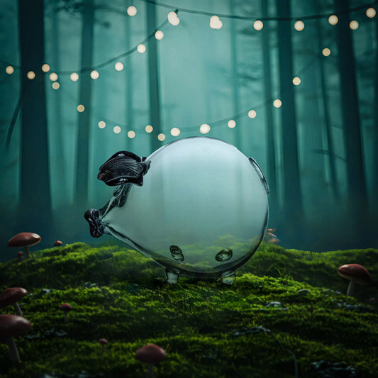 Rankų darbo stiklinė kiaulytė taupyklė seifas, juodos ausytės, XXL, dovana