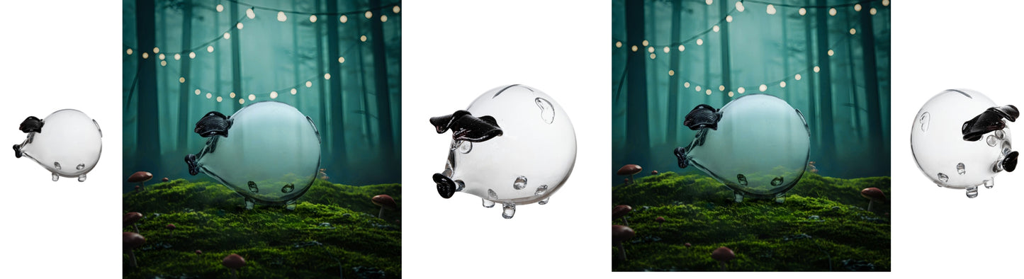 Rankų darbo stiklinė kiaulytė taupyklė seifas, juodos ausytės, XXL, dovana