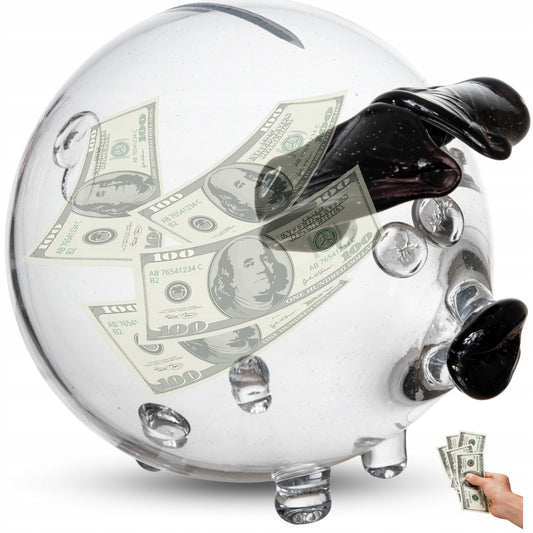 Rankų darbo stiklinė kiaulytė taupyklė seifas, juodos ausytės, XXL, dovana