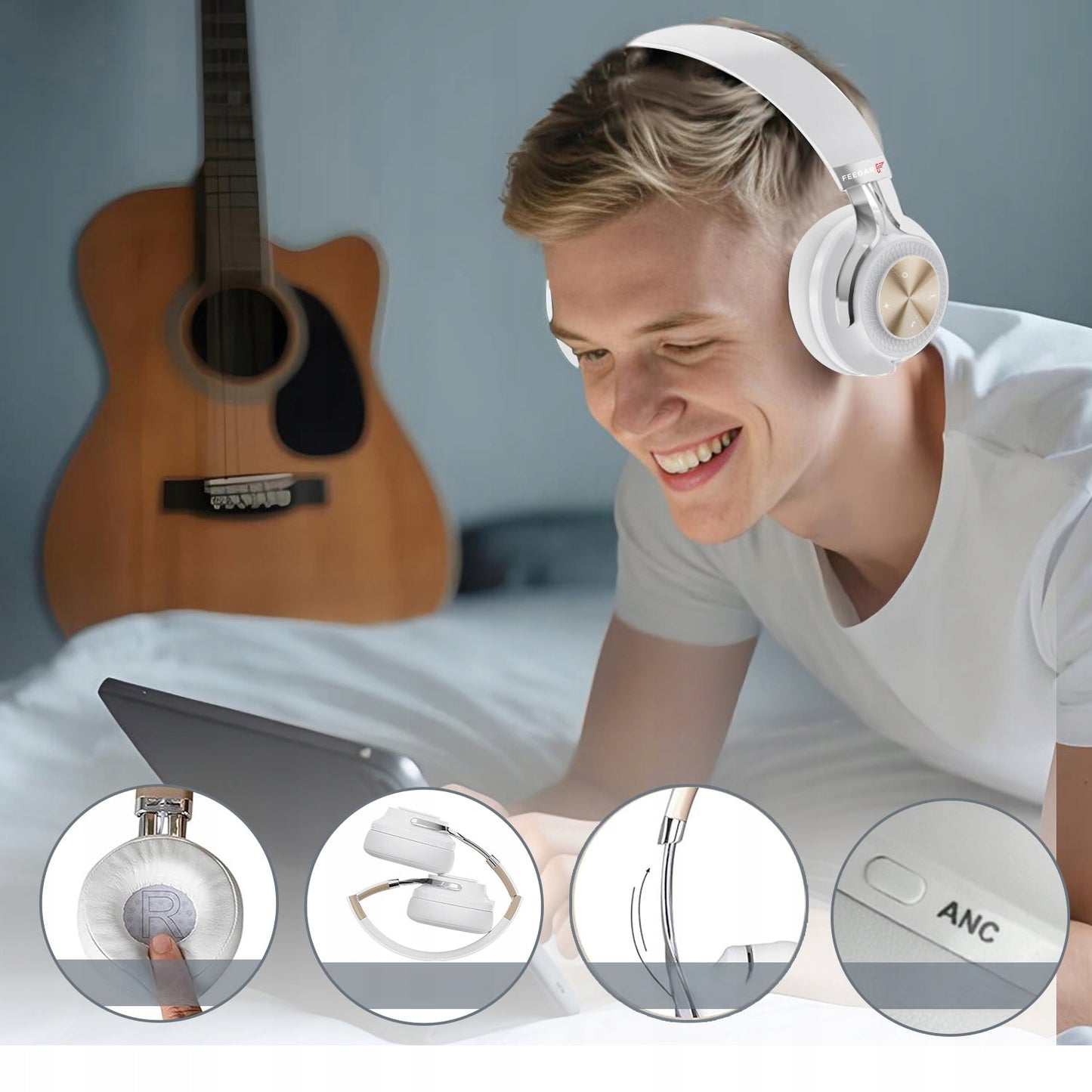 Belaidės Antausinės Ausinės FEEGAR AlphaBeat ANC 65H Baltos Bluetooth 5.4