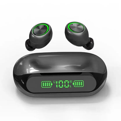 Sportinės belaidės ausinės su įkrovimo dėklu (Bluetooth, juodos)