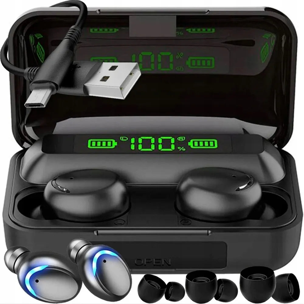 Sportinės belaidės ausinės su įkrovimo dėklu (Bluetooth, juodos)