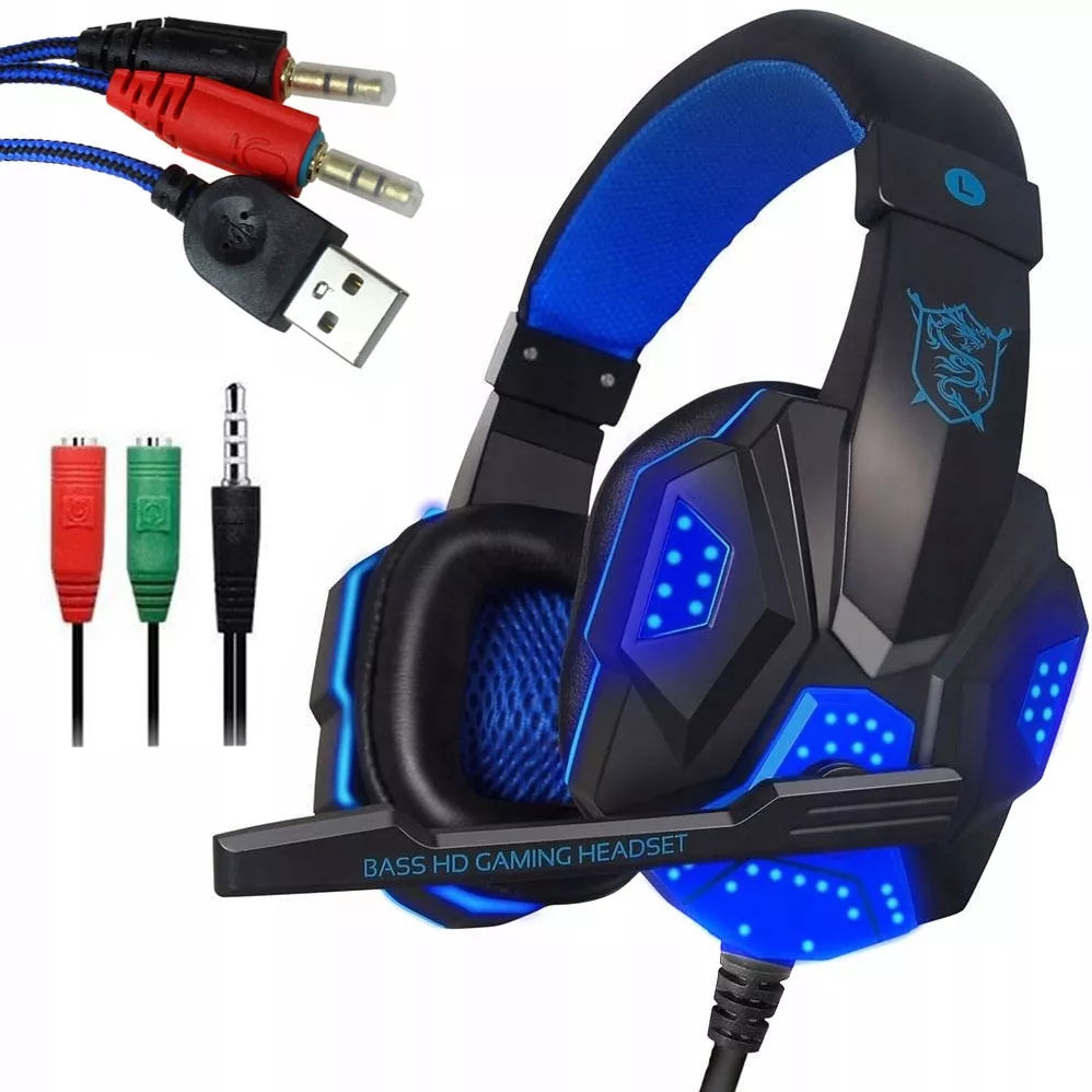 Žaidimų ausinės su mikrofonu RGB apšvietimu kompiuteriui