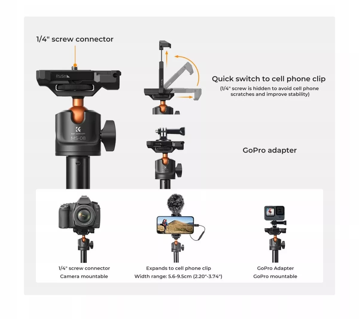 K&F Concept 2w1 trikojis asmenukių lazda telefonui, fotoaparatui, DJI, GoPro + pultelis