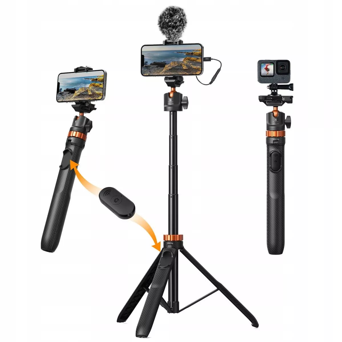 K&F Concept 2w1 trikojis asmenukių lazda telefonui, fotoaparatui, DJI, GoPro + pultelis