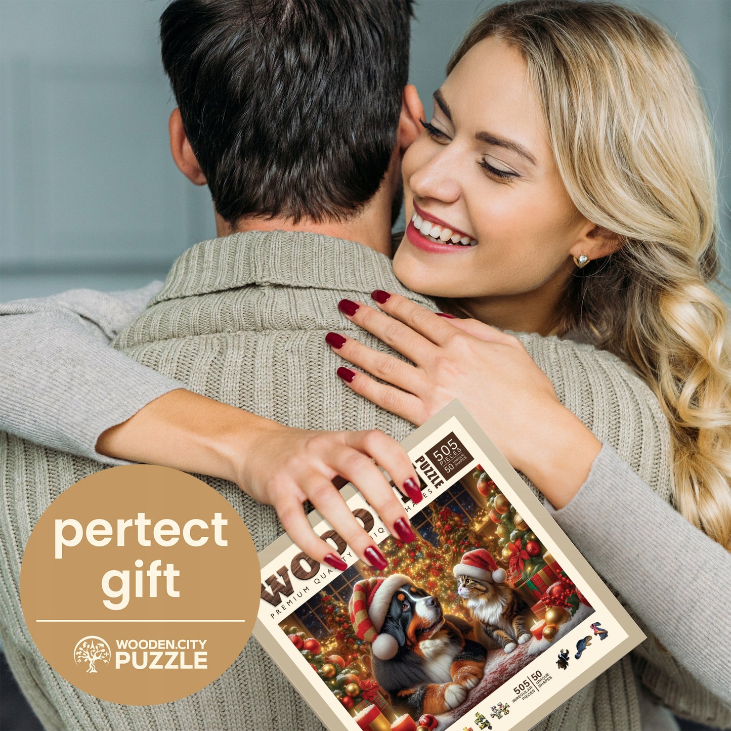 Kalėdinė Medinė Dėlionė Šuo ir Katė 500 elementų Wooden.City