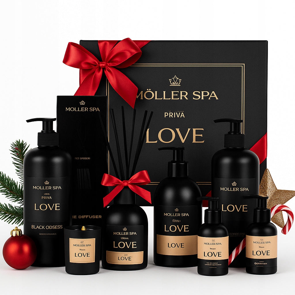 Kalėdinis dovanų rinkinys MOLLER SPA kvapusis žvakių, šampūno, dušo želė ir difuzoriaus rinkinys