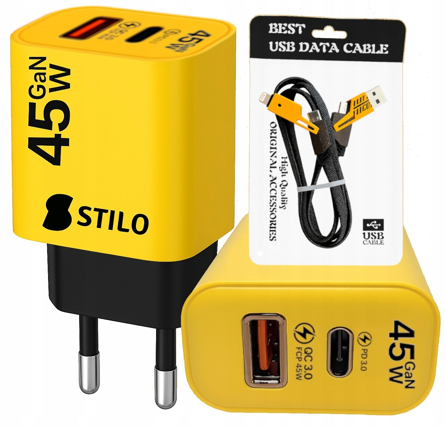 Greito veikimo GaN tinklo įkroviklis telefonui 45W PD QC + 65W C/Lightning laidas