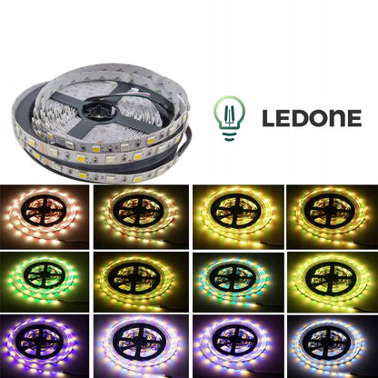 LED juostos rinkinys RGBW – 5 m, šiltai / šaltai balta, su pulteliu ir 12 V maitinimu