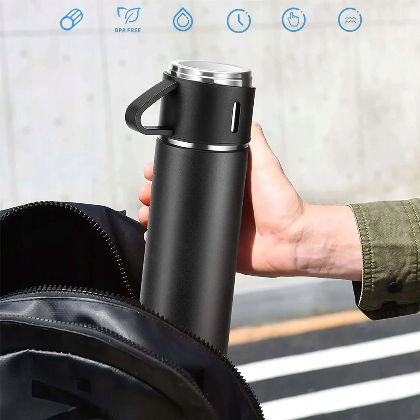 Termosas su puodeliais 500ml + 3 puodeliai plieno dovanų rinkinys