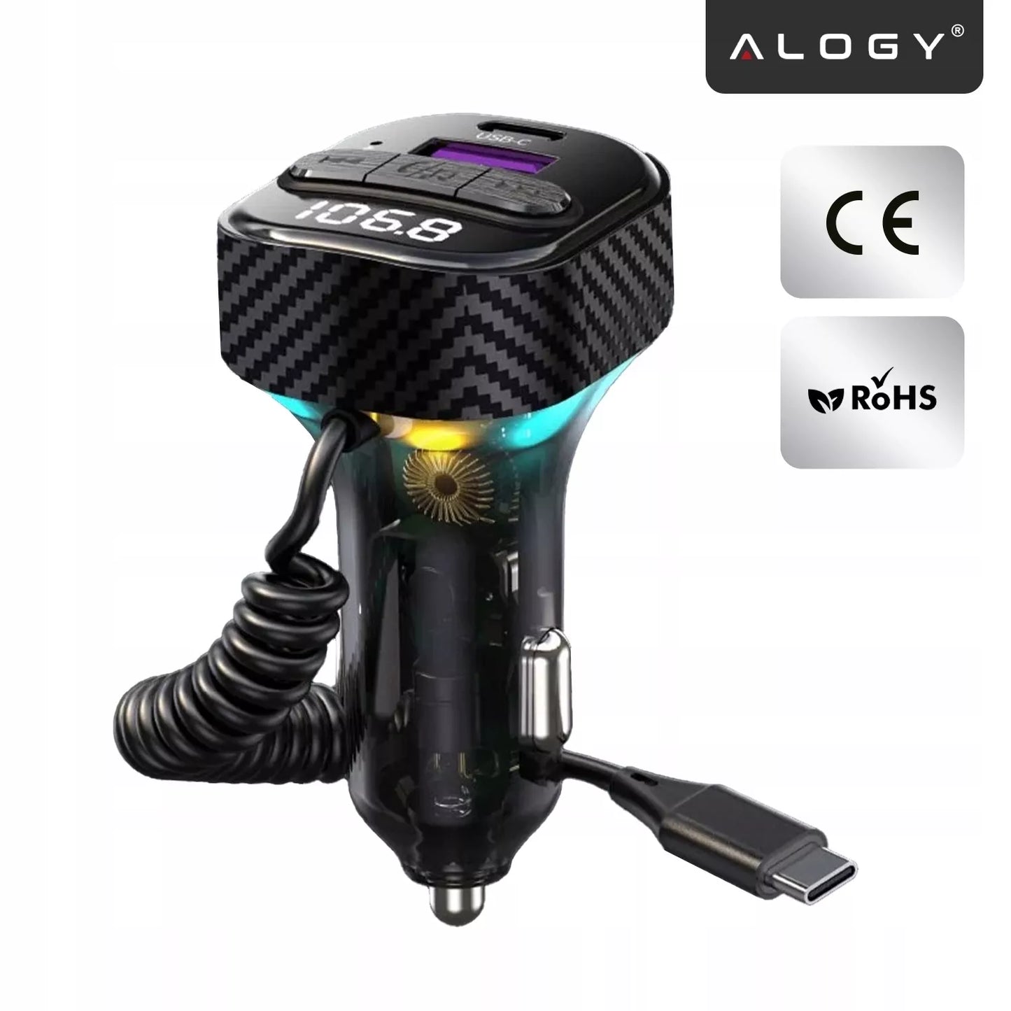 BLUETOOTH FM SIŲSTUVAS AUTOMOBILINIS ĮKROVIKLIS 30W BT 5.3 QC3.0 USB-C LAIDAS