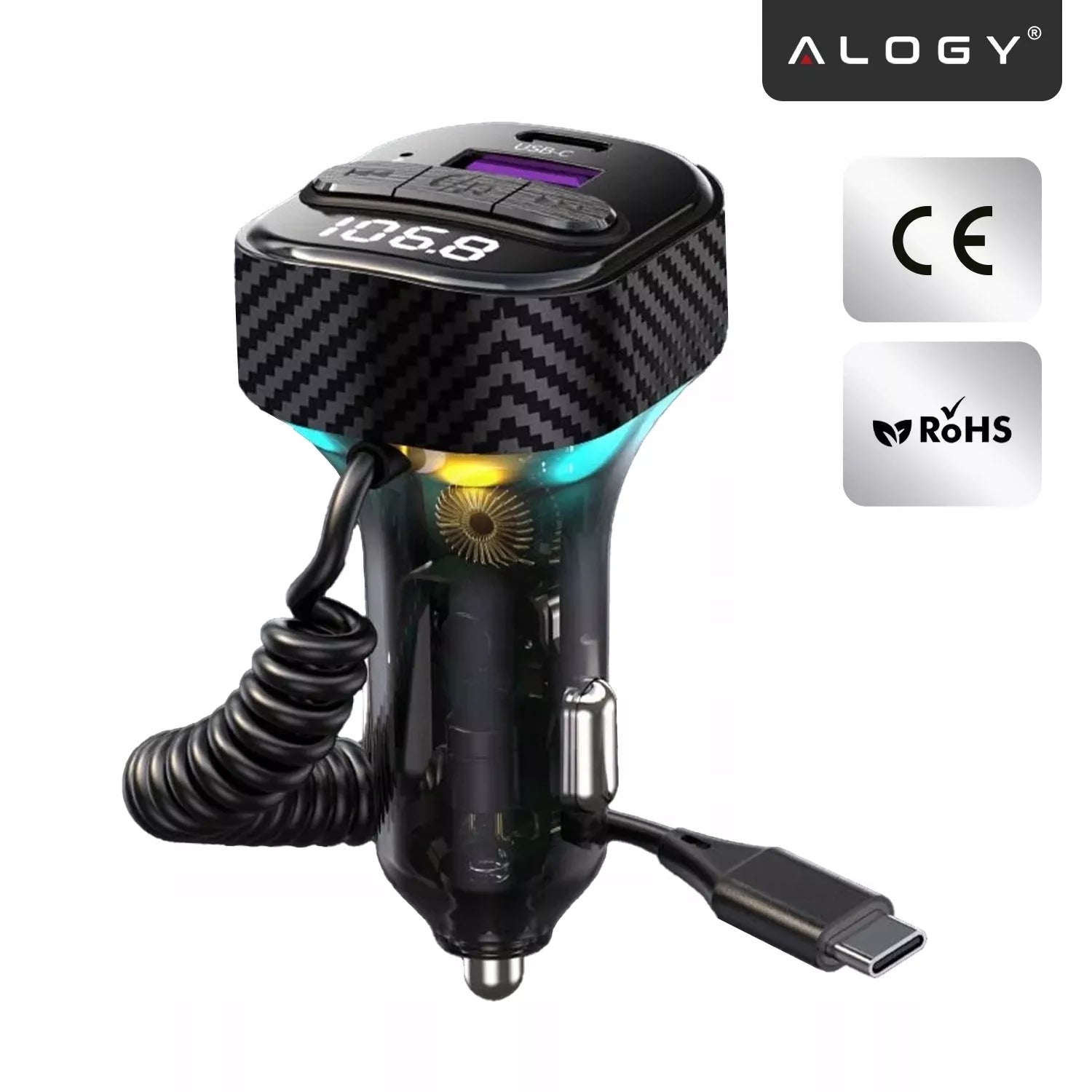 BLUETOOTH FM SIŲSTUVAS AUTOMOBILINIS ĮKROVIKLIS 30W BT 5.3 QC3.0 USB-C LAIDAS