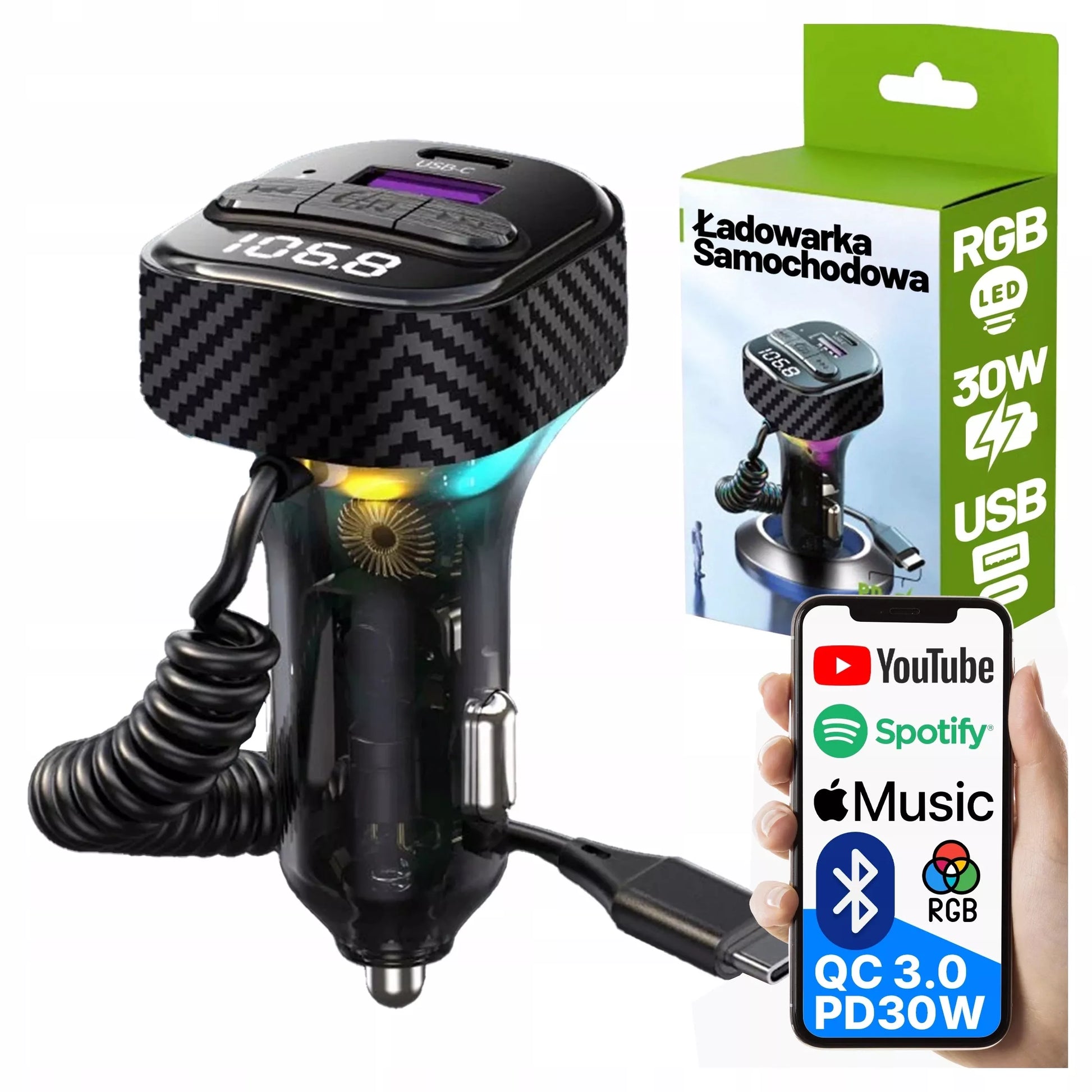 BLUETOOTH FM SIŲSTUVAS AUTOMOBILINIS ĮKROVIKLIS 30W BT 5.3 QC3.0 USB-C LAIDAS