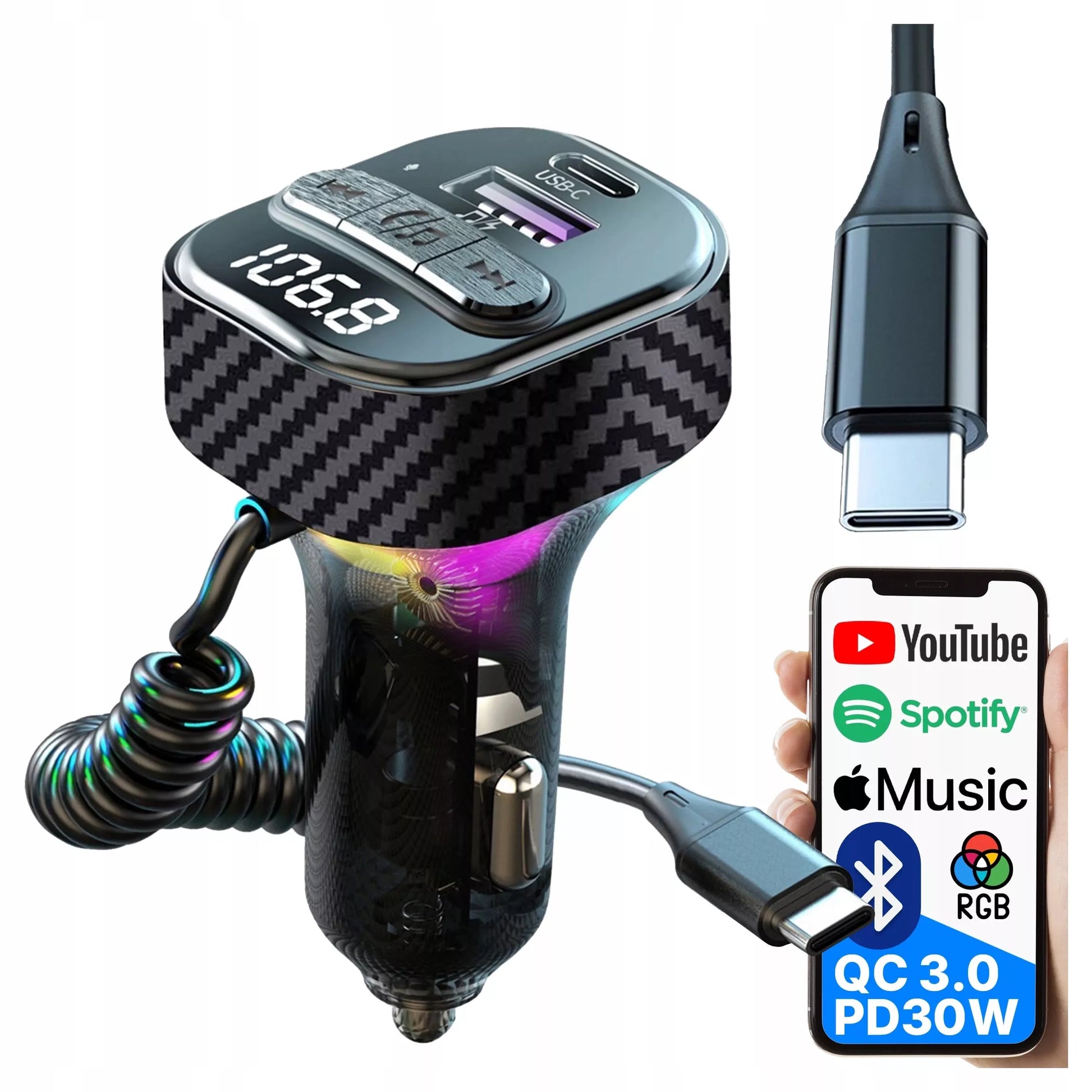 BLUETOOTH FM SIŲSTUVAS AUTOMOBILINIS ĮKROVIKLIS 30W BT 5.3 QC3.0 USB-C LAIDAS