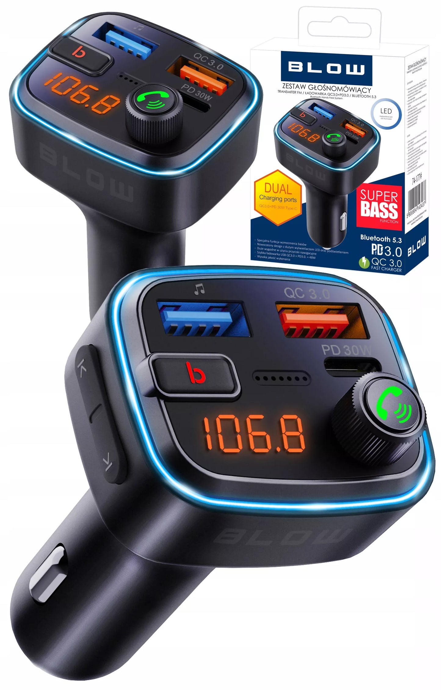 Automobilinis FM siųstuvas Bluetooth 5.3, galingas BASS, įkroviklis 30W
