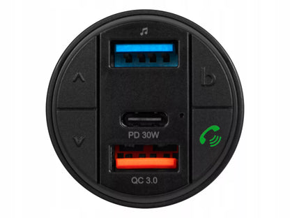 FM siųstuvas įkroviklis Bluetooth BT USB Type-C QC 3.0 + PD 30W BASS LED MP3