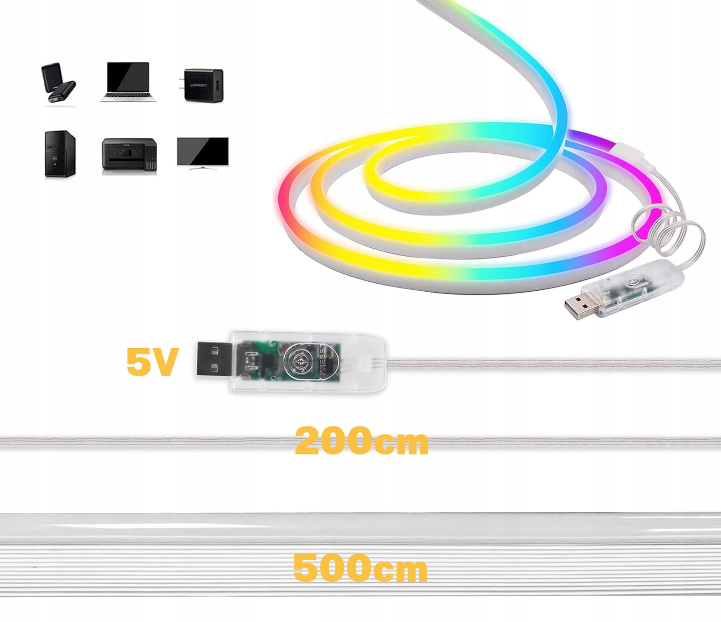 RGB LED juosta 5m, vandeniui atspari, su pulteliu ir programėle, IP65, 5V USB, lankstus neonas