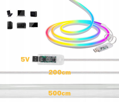RGB LED juosta 5m, vandeniui atspari, su pulteliu ir programėle, IP65, 5V USB, lankstus neonas