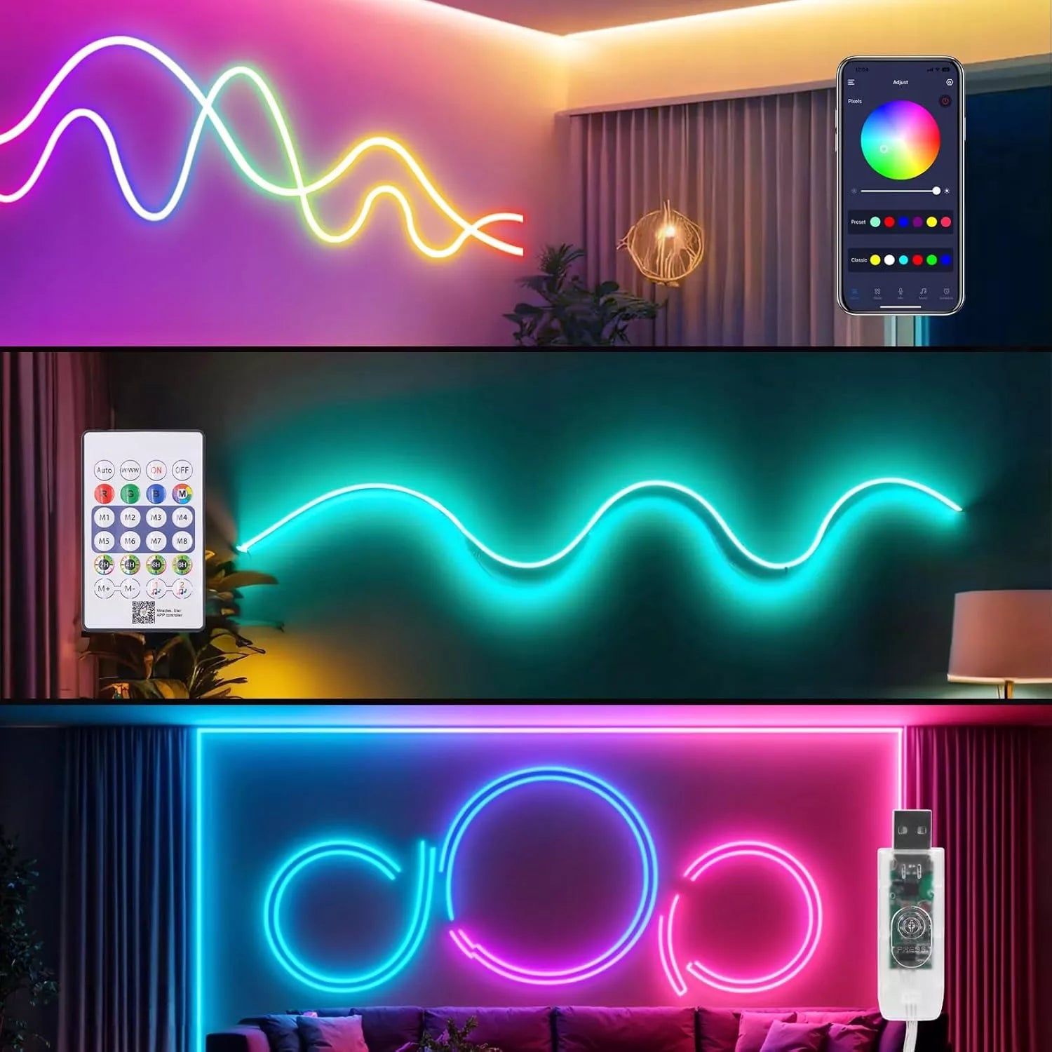 RGB LED juosta 5 m – USB 5V, vandeniui atspari, su pulteliu