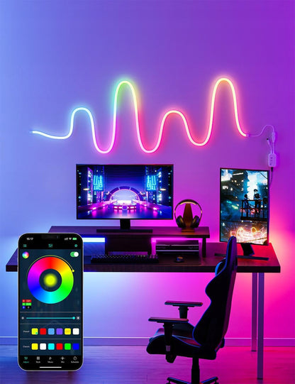 RGB LED juosta 5m, vandeniui atspari, su pulteliu ir programėle, IP65, 5V USB, lankstus neonas