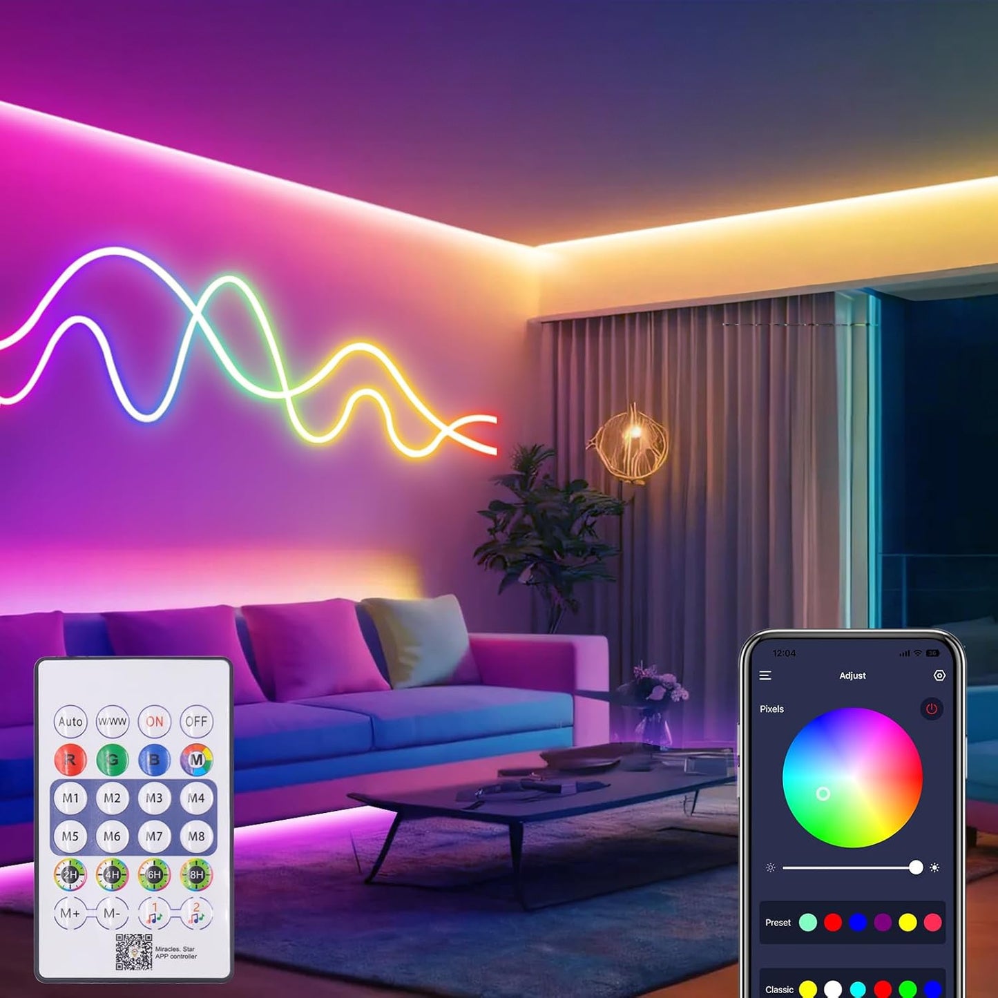 RGB LED juosta 5m, vandeniui atspari, su pulteliu ir programėle, IP65, 5V USB, lankstus neonas
