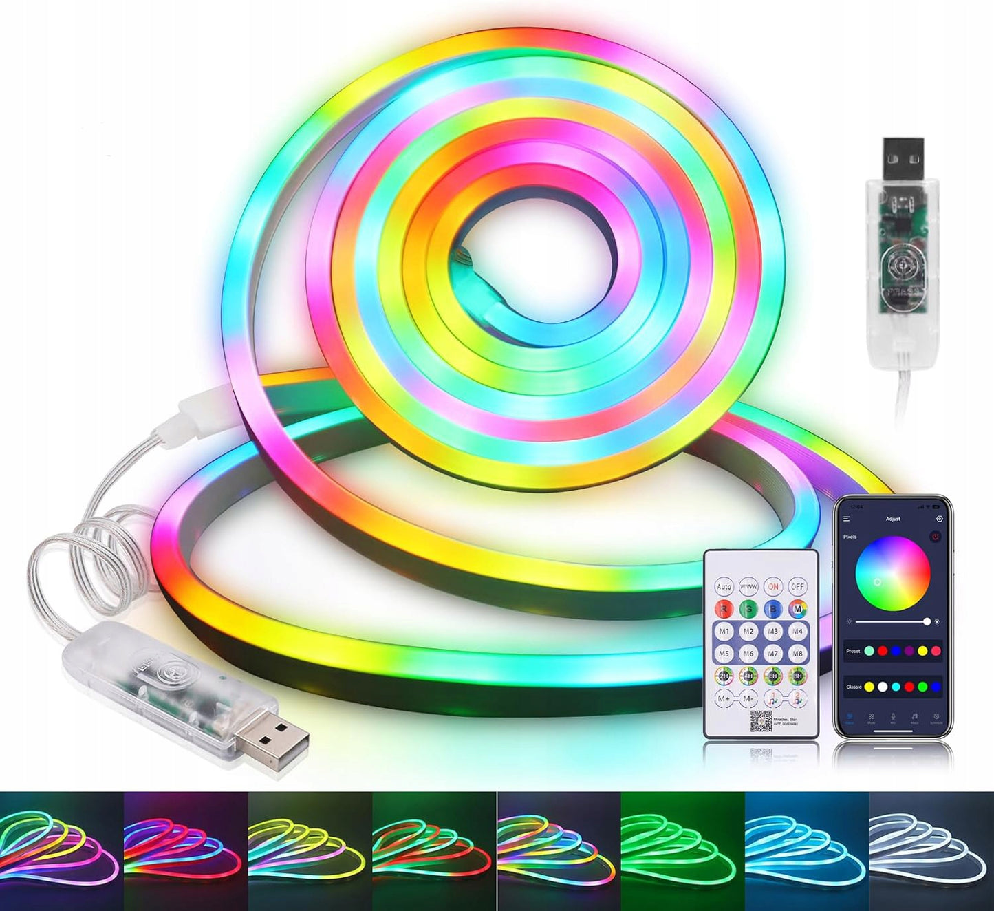 RGB LED juosta 5m, vandeniui atspari, su pulteliu ir programėle, IP65, 5V USB, lankstus neonas