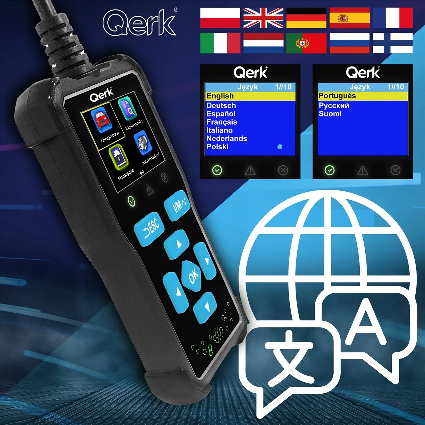 OBD2 skaitytuvas lenkišku meniu QERK T61 diagnostinė sąsaja