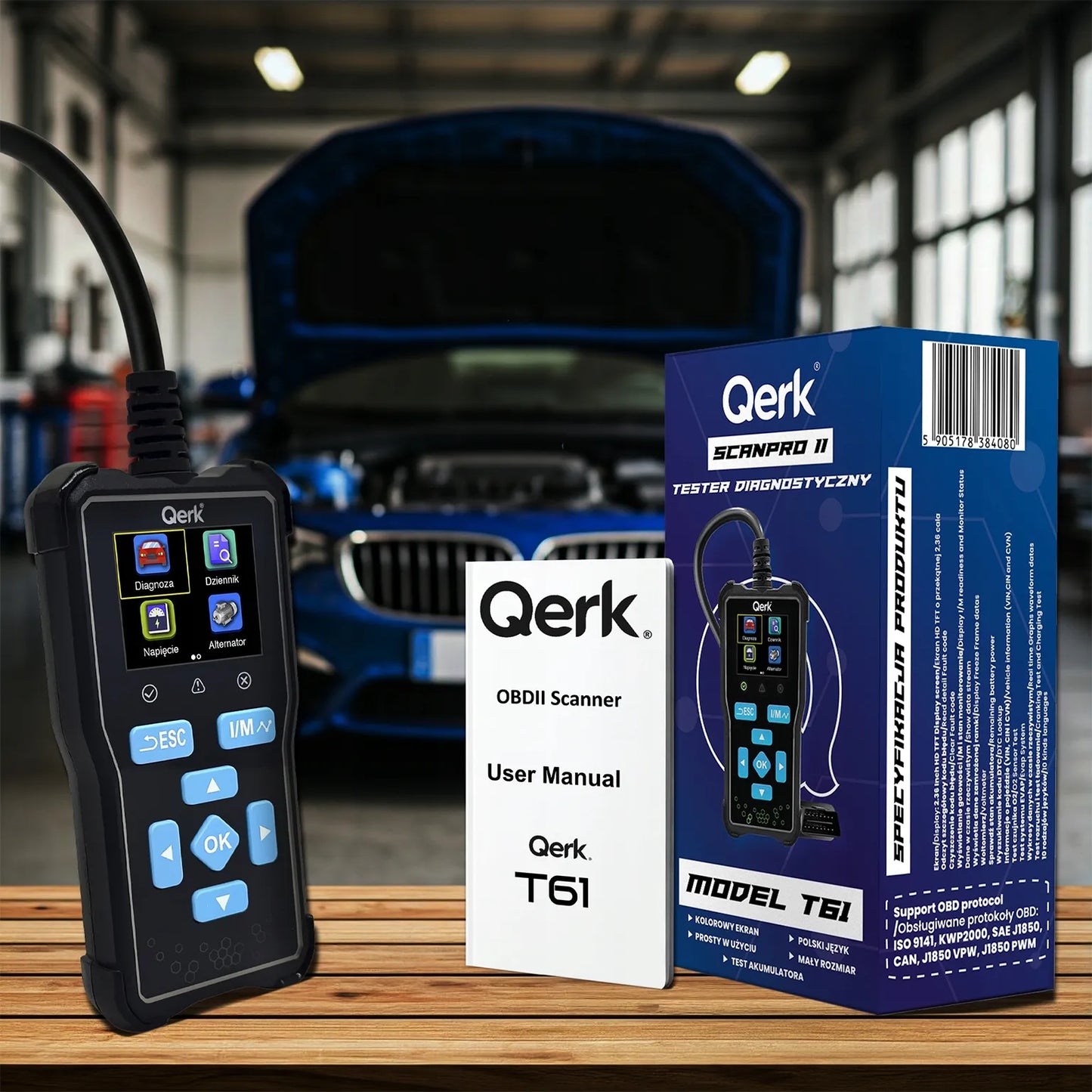 OBD2 skaitytuvas lenkišku meniu QERK T61 diagnostinė sąsaja