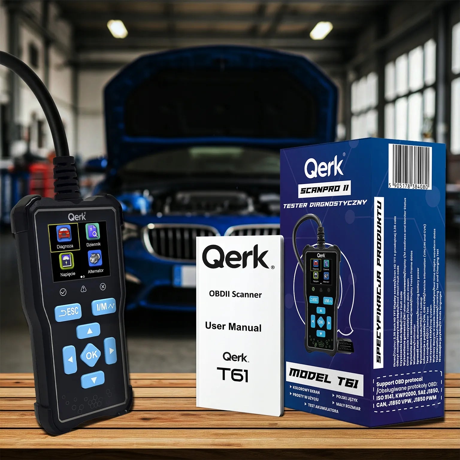 OBD2 skaitytuvas lenkišku meniu QERK T61 diagnostinė sąsaja