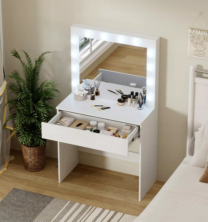 Kosmetinis staliukas su LED apšvietimu ir veidrodžiu makiažui + stalčius