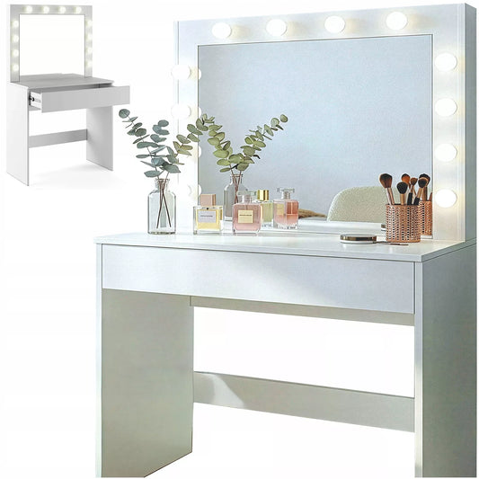 Kosmetinis staliukas su LED apšvietimu ir veidrodžiu makiažui + stalčius